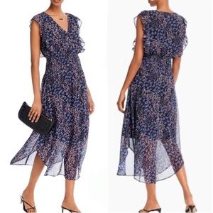 AQUA Dress Small Floral Flutter Sleeve Surplice Smock Prairie